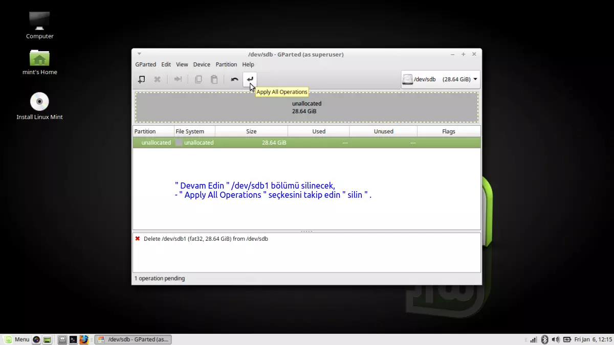 USB mini disk ( sdb) -
            Disk'in gprted programı ile bölümlere ayrılması,
            formatlanması ve swap alanı oluşturma işlemi