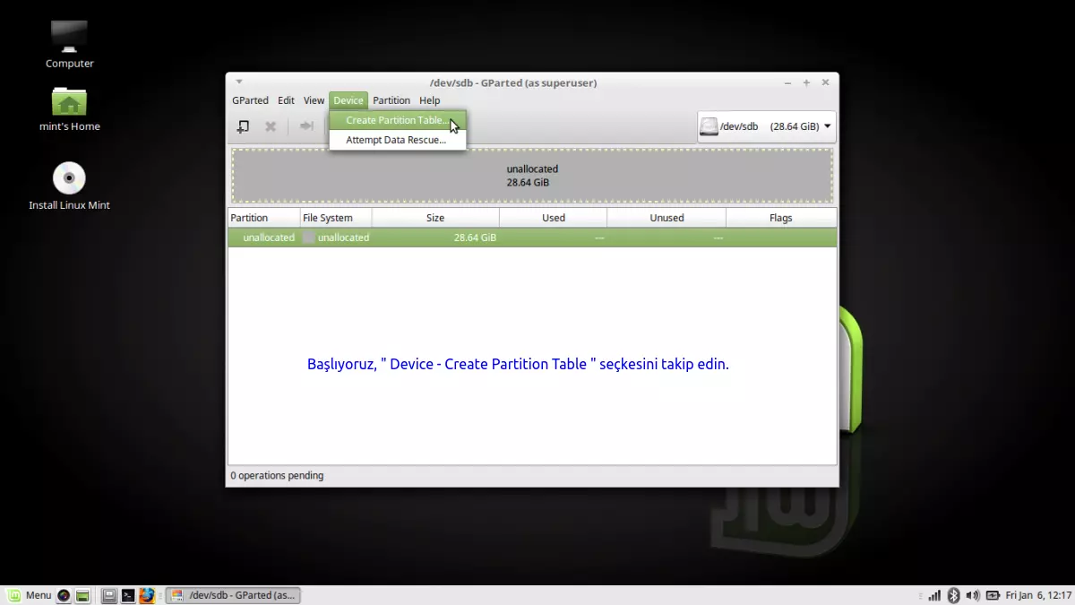 USB mini disk ( sdb) -
            Disk'in gprted programı ile bölümlere ayrılması,
            formatlanması ve swap alanı oluşturma işlemi
