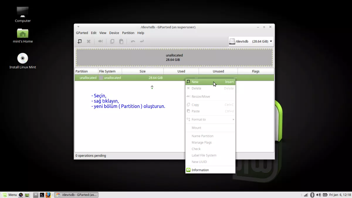 USB mini
            disk ( sdb) - Disk'in gprted programı ile bölümlere
            ayrılması, formatlanması ve swap alanı oluşturma işlemi