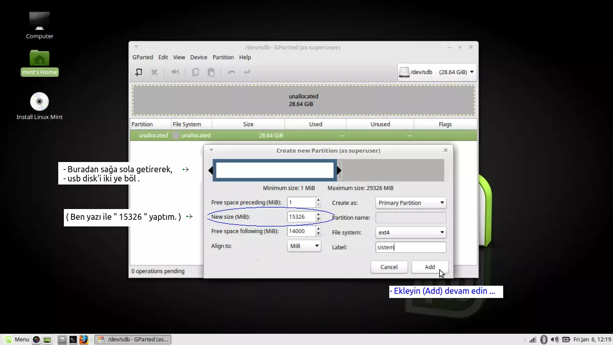 USB mini
            disk ( sdb) - Disk'in gprted programı ile bölümlere
            ayrılması, formatlanması ve swap alanı oluşturma işlemi