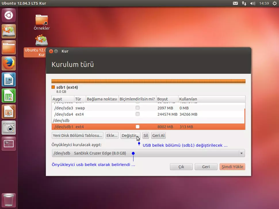 USB mini disk ( sdb) - Disk'i formatlayarak bir bölüm
            oluşturmak ve o disk bölümüne ( sdb1 ) Linux Ubuntu LTS
            bilgisayar işletim sistemi yüklemek