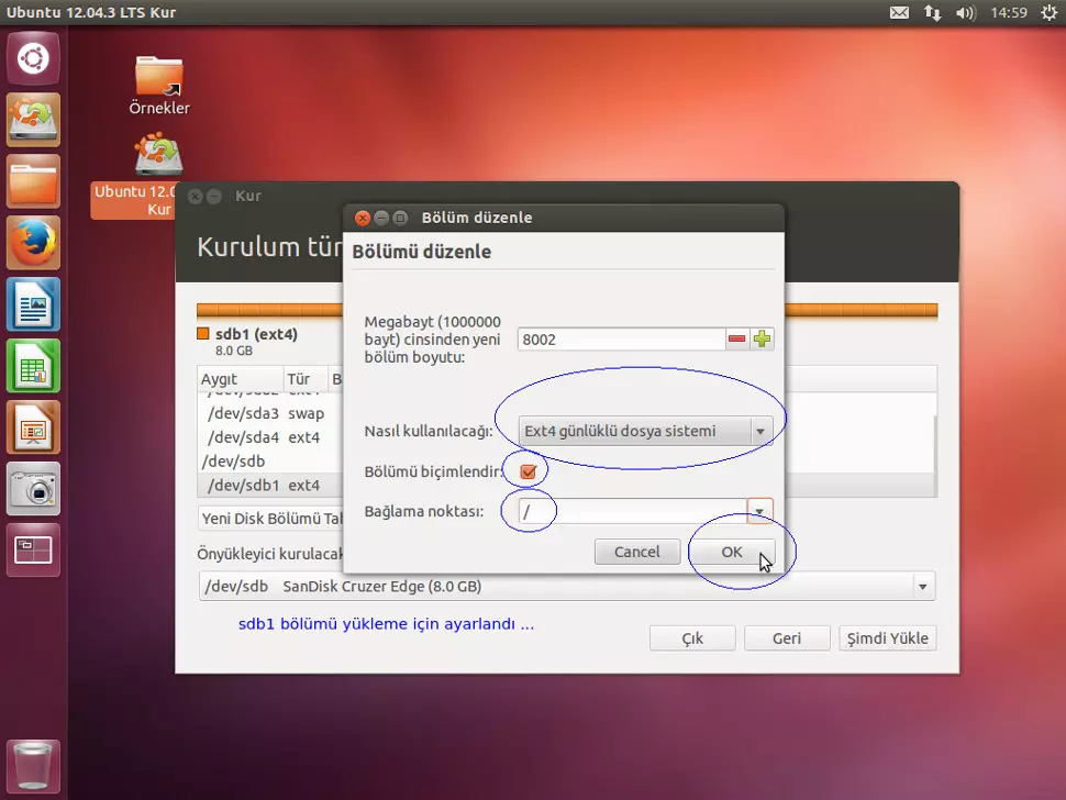 USB mini disk ( sdb) - Disk'i formatlayarak bir bölüm
            oluşturmak ve o disk bölümüne ( sdb1 ) Linux Ubuntu LTS
            bilgisayar işletim sistemi yüklemek